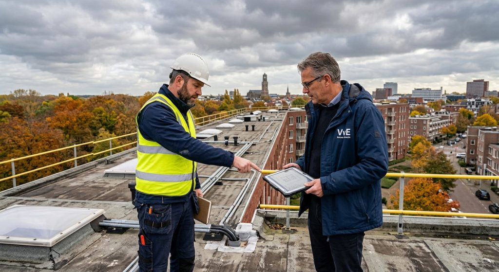Dakinspectie van een plat dak van een VvE-appartementencomplex tijdens het herfstseizoen