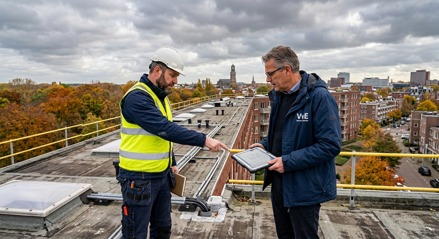 Dakinspectie van een plat dak van een VvE-appartementencomplex tijdens het herfstseizoen